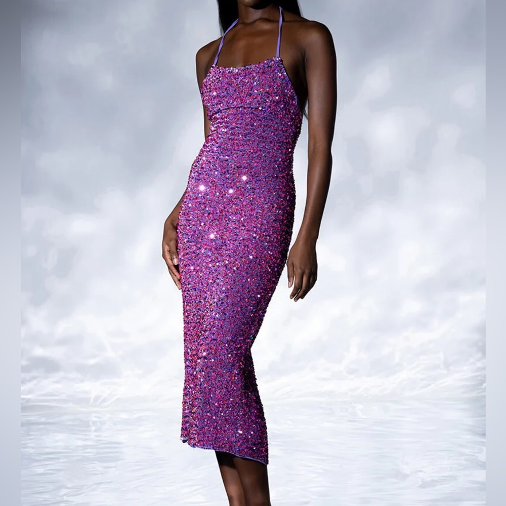 Akira WONDERLAND SEQUIN MAXI DRESS Elegant Purple Sequin Skirt size small